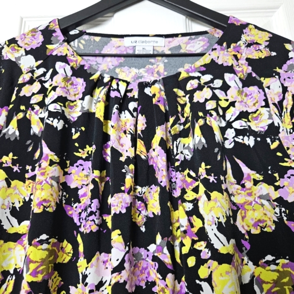 NWT Liz Claiborne black knit top blouse with multicolor orchid floral print XL - Picture 3 of 11